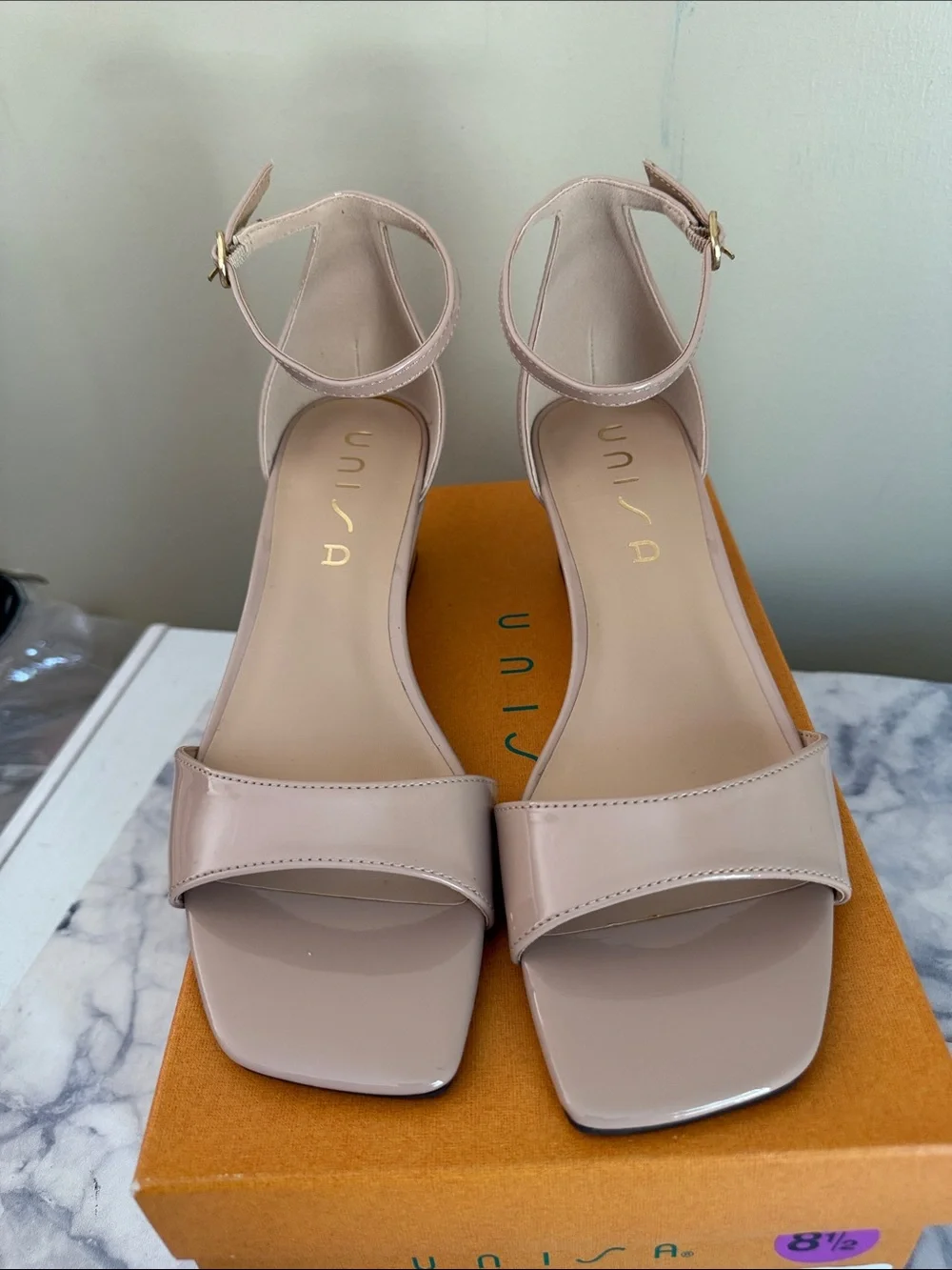 Unisa Nude Patent Ankle-Strap Block Heels